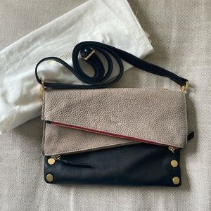 Hammitt Dillon 6 Way flap Cross-body bag. Black/grey brushed gold. Reversible.